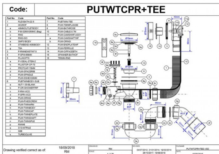 Сифон для ванни автомат Premium з подвійним дренажем, накладка латунна кругла 1 1/2*40/50 PUTWTCPR+TEE