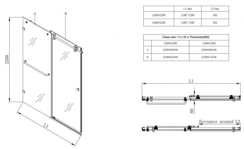 Двері в нішу Koer SR SD06-140x220-TR-07 прозоре скло Easy Clean 8мм, графіт (KR5369)
