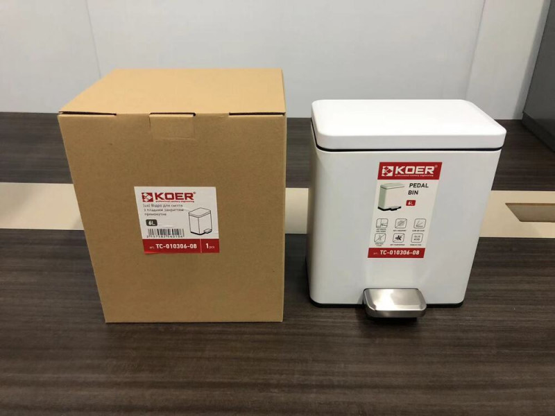 Відро для сміття з плавним закриттям прямокутне KOER TC-010306-08 6 л (колір білий) (KR5601)