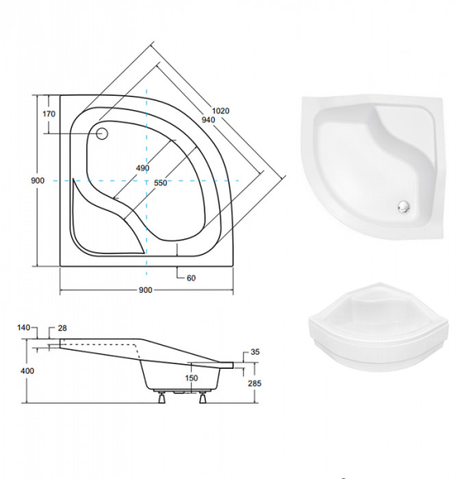 Піддон півкруглий OLIVER 90Х90Х15/25 з підвищеним сидінням + ноги