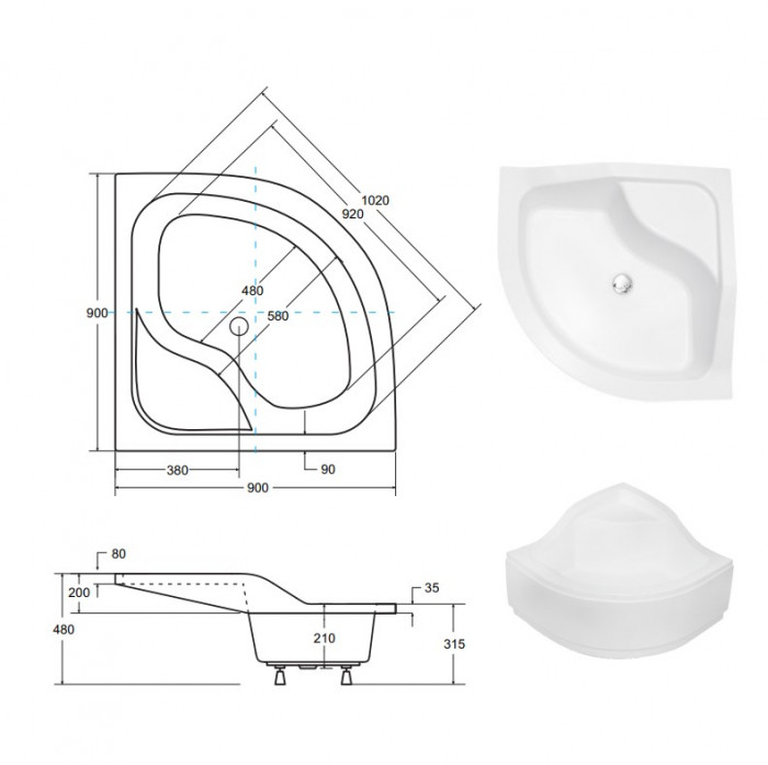 Піддон півкруглий OLIVER 90Х90Х21/28 II + ноги
