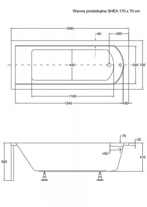 Ванна акрилова SHEA 170х70 (соло) без ніг