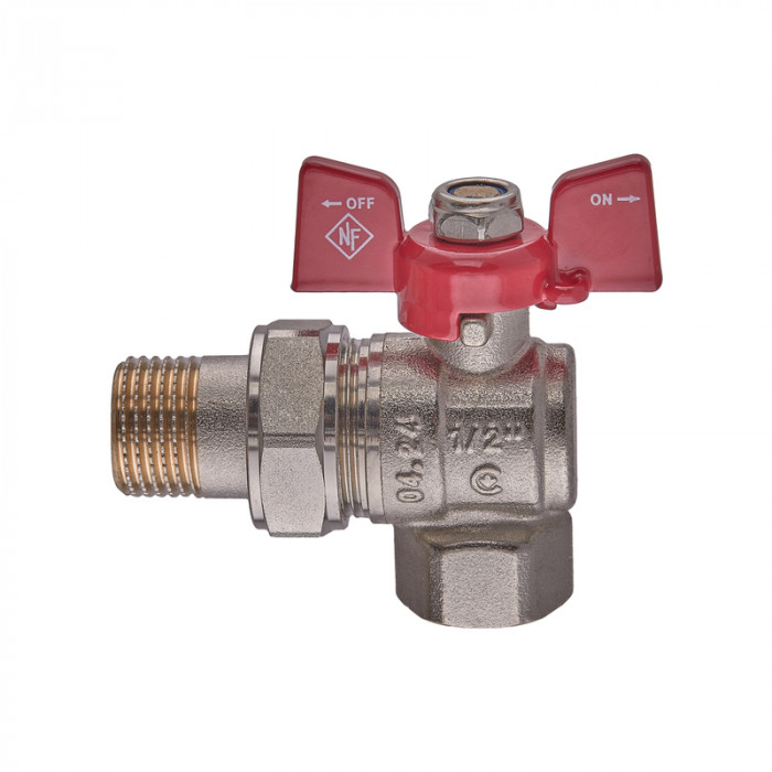 Кран кульовий з американкою Nolf classic NFC.941-06-1/2" FM кутовий, ГШМ ручка "метелик" червона (NF3155)